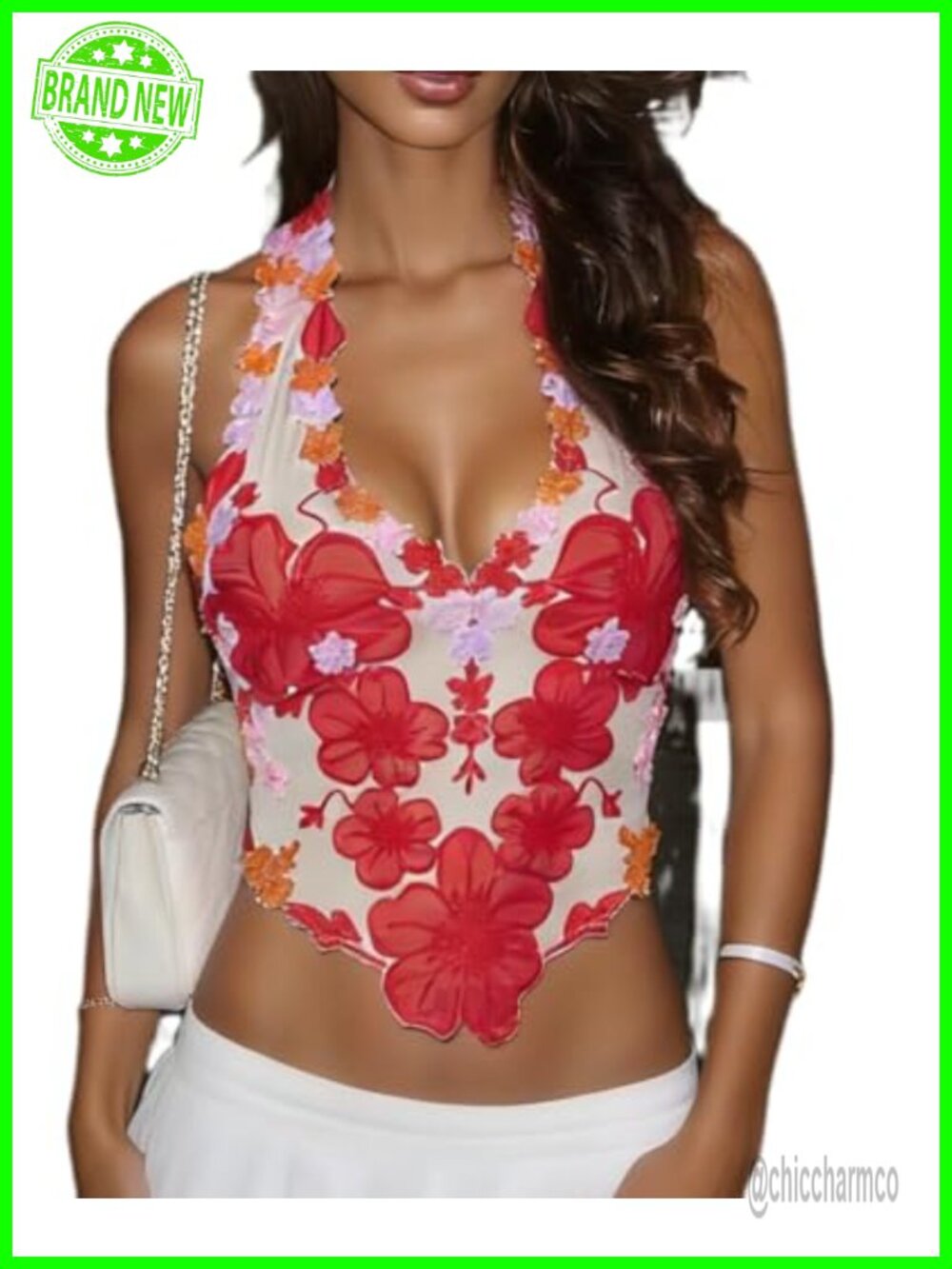 Women Sheer Floral Mesh Halter Crop Top Embroidered Backless Camisole